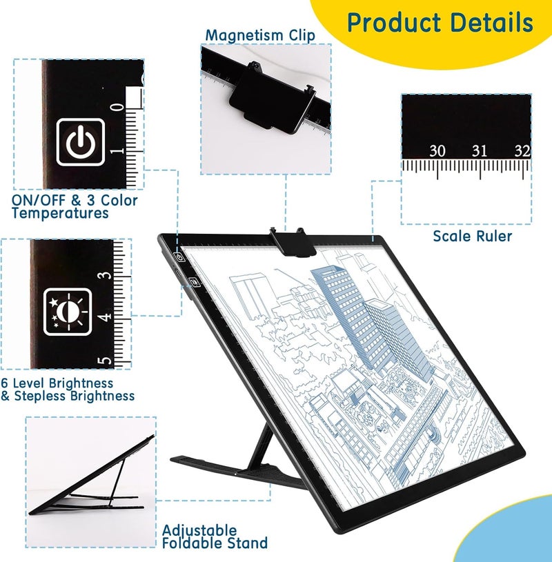 KEIWRLIGHT A3 Light Box For Tracing - Rechargeable Light Board 3 Color Stepless 6 Level Brightness Light Table For Tracing, Adjustable Stand Light Board For Diamond Painting Tatto Drawing Adult W/case - Image 2